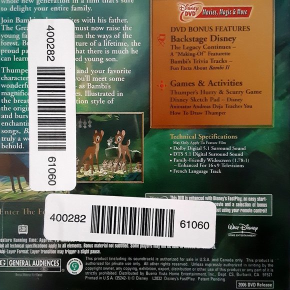 Walt Disney's DVD Lot; Bambi Platinum Edition (VG) & Bambi II (New) - Picture 4 of 5